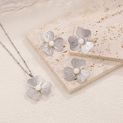 304 Stainless Steel Imitation Pearl Flower Stud Earrings & Pendant Necklaces & Rings Sets for Women&nbsp;WG65500-05