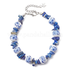 Handmade Flower Printed Porcelain Ceramic & Dyed Natural Lapis Lazuli Beaded Bracelets for Women&nbsp;BJEW-JB12967