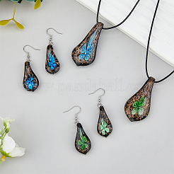 2 Sets 2 Colors Teardrop with Flower Glass Dangle Earrings & Pendant Necklace&nbsp;SJEW-FI0001-14
