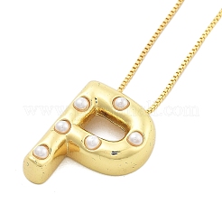 Brass & Plastic Pearl Letter Pendant Box Chain Necklaces for Women&nbsp;NJEW-U017-01G-16