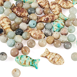 50Pcs Round Natural Flower Amazonite and 15Pcs 3 Colors Fish Dyed Synthetic Turquoise Beads Sets&nbsp;G-TA0003-04
