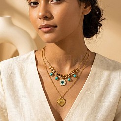 304 Stainless Steel Enamel Evil Eye Heart Pendant Double Layer Necklaces with Synthetic Turquoise for Women&nbsp;WGD59F3-01