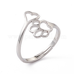 Non-Tarnish 201 Stainless Steel Heart & Dog Paw Prints Adjustable Ring for Women&nbsp;RJEW-K238-09P