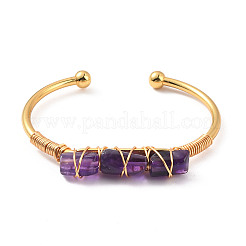 Natural Amethyst Triple Column Beaded Open Cuff Bangle&nbsp;BJEW-E377-01G-03