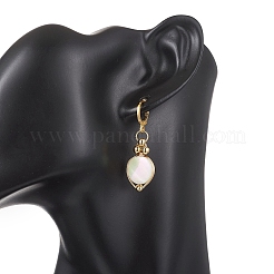 Flat Round Natural White Shell & Brass Leverback Earrings&nbsp;EJEW-JE06897