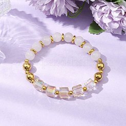 Round Natural White Jade & Cube Glass Beaded Stretch Bracelets for Women&nbsp;BJEW-JB11052