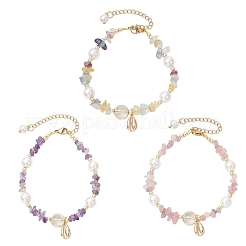 3Pcs Natural Quartz Crystal & Rose Quartz & Fluorite & Amethyst Chip Beaded Bracelsets&nbsp;BJEW-JB11917