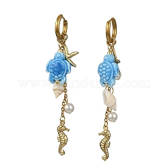 Seahouse 316 Surgical Stainless Steel & Starfish 304 Stainless Steel & Tortoise Porcelain Dangle Hoop Earrings for Women&nbsp;EJEW-JE07129