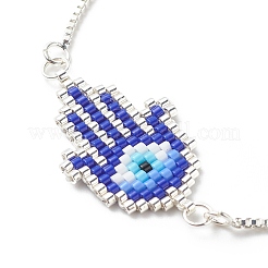 Glass Seed Braided Hamsa Hand with Evil Eye Link Slider Bracelet&nbsp;BJEW-MZ00003