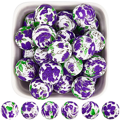 30Pcs Printed Round with Flower Pattern Silicone Focal Beads&nbsp;SIL-SC0002-84J