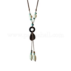 Chinese Style Porcelain & Alloy & Wood Leaf Pendant Adjustable Waxed Cord Long Necklaces for Women&nbsp;WG8DC5B-01