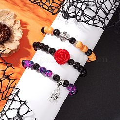 3Pcs Halloween Theme Baking Paint Glass Round Beads Stretch Bracelets for Women&nbsp;BJEW-MZ00186