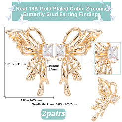 2 Pairs Brass Pave Clear Cubic Zirconia Butterfly Stud Earring Findings&nbsp;KK-BBC0018-66