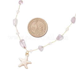 Brass Handmade Natural Amethyst Nuggets Link Chain Alloy Linen Enamel Starfish Pendant Necklaces for Women&nbsp;NJEW-JN05366-03