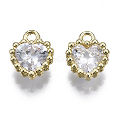 Brass Inlaid Clear Cubic Zirconia Charms, Cadmium Free & Nickel Free & Lead Free, Heart, Golden, 10x8x3mm, Hole: 1.4mm