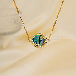 Exquisite Brass Pave Clear Shiny Cubic Zirconia Flat Round with Star Pendant Necklaces, with Paua Shell, Golden, 15.75 inch(40cm)