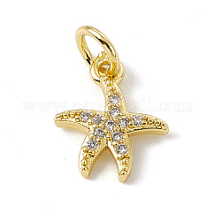 Brass Micro Pave Cubic Zirconia Charms, with Jump Ring, Cadmium Free & Lead Free, Starfish Charm, Golden, 12x10x2mm, Hole: 3mm