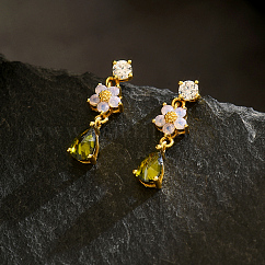 Brass Teardrop Dangle Stud Earrings, with Rhinestone, Real 18K Gold Plated, 21.2x4.6mm