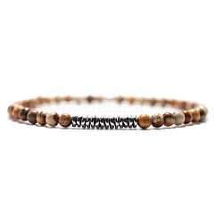 Natural Round Picture Jasper Beaded Bracxelets for Men, with Non-magnetic Hematite Chip