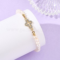 Alloy Crystal Rhinestone Religion Cross Link Natural Freshwater Pearl Potato Beaded Bracelets for Women&nbsp;BJEW-JB14369