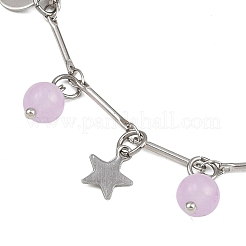 201 Stainless Steel Moon Star & Natural Dyed Malaysia Jade Round Charm Brass Bar Link Chain Anklets&nbsp;AJEW-AN00732-01