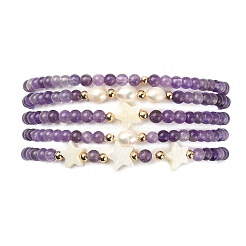 5Pcs 5 Style Natural Amethyst & Pearl & Shell Star Beaded Stretch Bracelets Set&nbsp;BJEW-JB09495-04