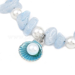Alloy Enamel Shell Shape Charm White Round Shell Pearl & Natural Dyed Aquamarine Chip Beaded Anklets&nbsp;AJEW-AN00734-02