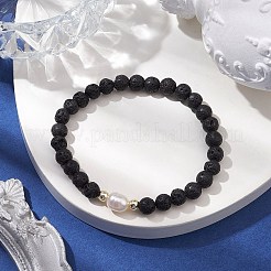 6mm Round Natural Lava Rock & Pearl Beaded Stretch Bracelets for Women&nbsp;BJEW-JB10619-02