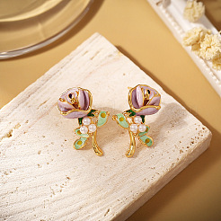 Flower Brass & Imitation Pearl Stud Earrings&nbsp;FS-WG24618-01