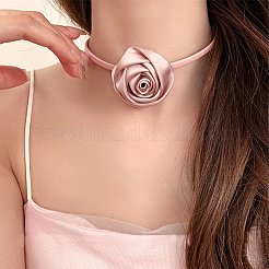 1Pc Fabric French Rose Flower Pendant PU Leather Choker Women's Necklaces&nbsp;NJEW-CL0001-06C