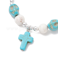 Brass Synthetic Turquoise Cross with Skull Beaded Charm Bracelets&nbsp;BJEW-JB12192-01