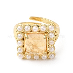 Ion Plating(IP) Natural Mixed Gemstone Square Adjustable Ring with Plastic Pearl Beaded&nbsp;RJEW-E075-04G