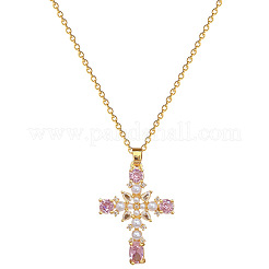 304 Stainless Steel Pave Pink Cubic Zirconia & Faux Pearl Cross Pendant Necklaces for Women&nbsp;WGAE7D3-01