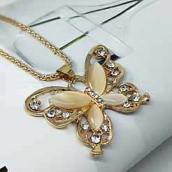 Alloy Crystal Rhinestone and Beige Glass Butterfly Pendant Necklaces for Women&nbsp;FS-WG827F3-01