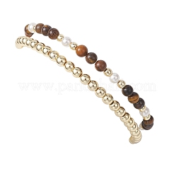 2Pcs Natural Tiger Eye & Shell Pearl & Non-magnetic Synthetic Hematite Beaded Stretch Bracelets for Women&nbsp;BJEW-JB12938-03
