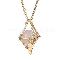 Brass Macrame Pouch Natural Rose Quartz Inside & 304 Stainless Steel Pendant Necklaces for Women&nbsp;NJEW-JN05607-02