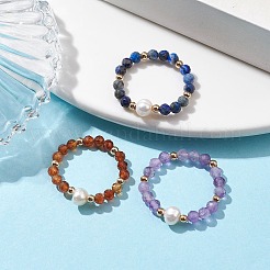 3Pcs Natural Lapis Lazuli/Garnet/Amethyst with Plastic Pearl with Glass Braided Beaded Finger Rings&nbsp;RJEW-JR00671
