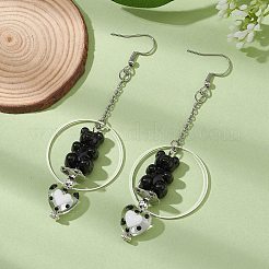 Acrylic Bear & Lampwork Heart Dangle Earrings&nbsp;EJEW-JE05416-01
