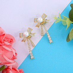 Clear Cubic Zirconia Bowknot Dangle Stud Earrings with Imitation Pearl Beaded&nbsp;JE1094A