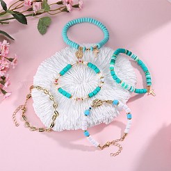 5Pcs 5 Style Handmade Polymer Clay Stretch & Brass Beaded & Alloy Link Chain Bracelets Set&nbsp;BJEW-SZ0001-66C