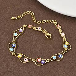 Brass Enamel Flat Round Evil Eye Link Chain Bracelets for Women&nbsp;BJEW-G764-01G