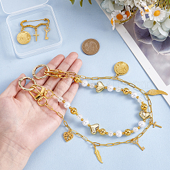 1Pc Acrylic Round Beaded & Brass Feather Cross Tassel Bag Decorative Chains and 1Pc Alloy Brooch&nbsp;HJEW-GA00055