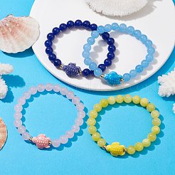 Dyed Natural Jade and Sea Turtle Porcelain Bead Stretch Bracelets for Women&nbsp;BJEW-JB09994