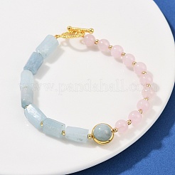 Natural Mixed Stone with Brass Round & Prism Beaded Bracelets for Women&nbsp;BJEW-G752-01G