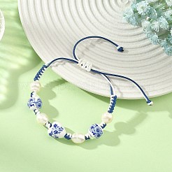 Adjustable Handmade Chinoiserie Floral Printed Porcelain Heart Beads & Natural Pearl Braided Bead Bracelets for Women&nbsp;BJEW-JB14209