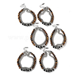 304 Stainless Steel Wheat Chain & Round Natural Tiger Eye and Natural Obsidian Beaded Double Strand Bracelets&nbsp;BJEW-C119-02