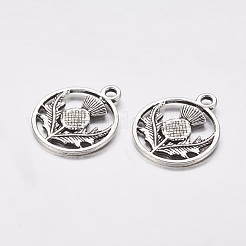 Tibetan Style Alloy Flat Round with Flower Scotland Thistle Pendants&nbsp;X-TIBEP-24054-AS-FF