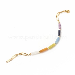 Natural Mixed Gemstone Curved Tube Beaded Bracelet with 304 Stainless Steel Paperclip Chains&nbsp;BJEW-JB08128