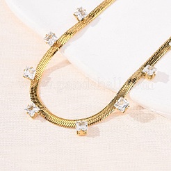 304 Stainless Steel Flat Snake Chain Necklaces with Square Cubic Zirconia&nbsp;NJEW-P355-02G-01