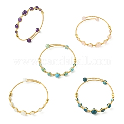 Herringbone Wire-Wrapped Natural Mixed Gemstone Brass Cuff Bangles&nbsp;BJEW-JB14039